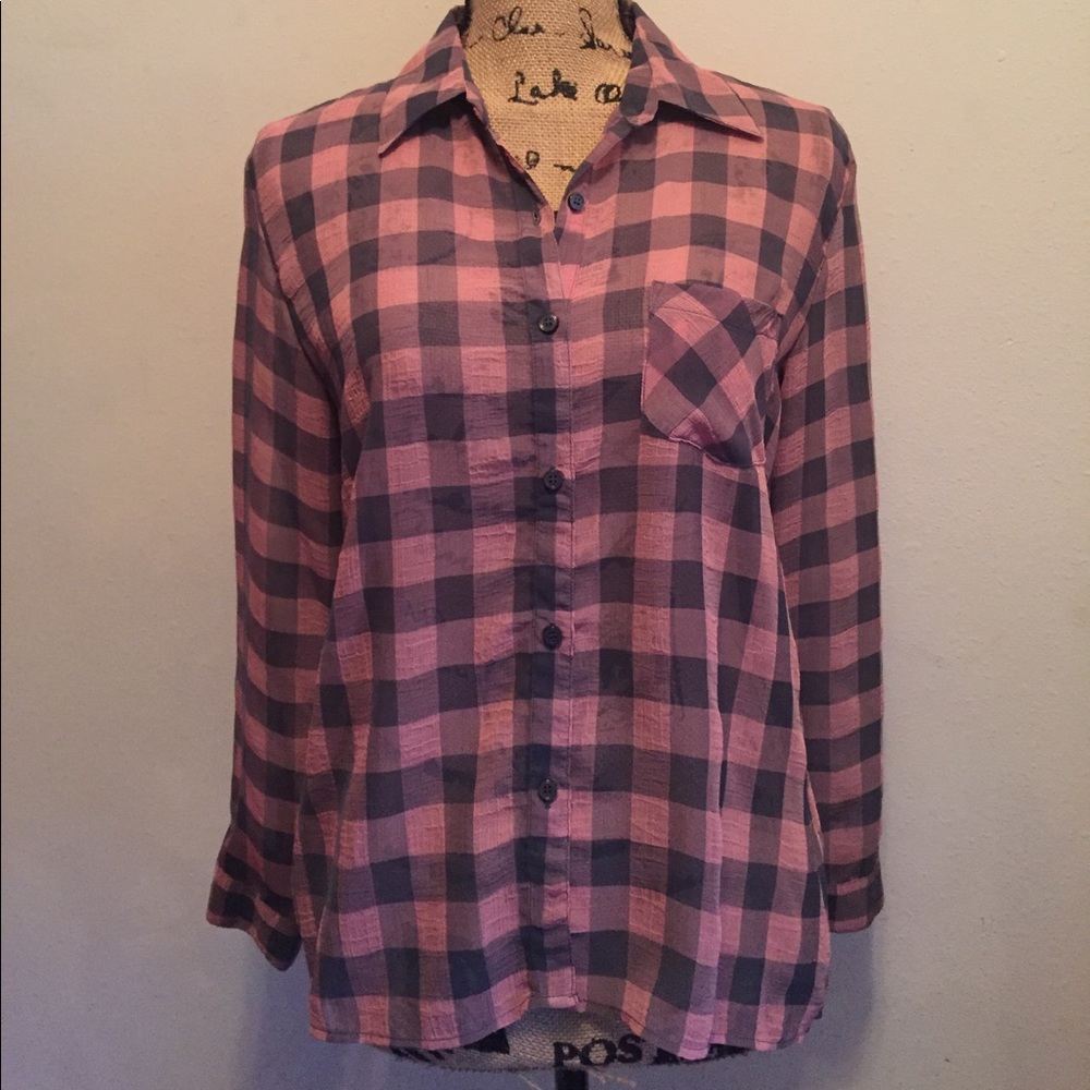 Faded Glory Long Sleeve Button Front Sheer Blouse-S